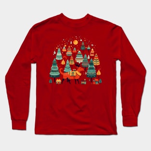 Cute Christmas Cartoon: Reindeer and Trees Long Sleeve T-Shirt